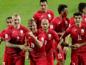 Kyrghyzstan's forward Vitalij Lux (2nd-L) celebrates with his teammates after scoring a goal during the 2019 AFC Asian Cup group C match between Kyrgyzstan and Philippines at Maktoum Bin Rashid Al-Maktoum Stadium in Dubai on January 16, 2019.
AFP