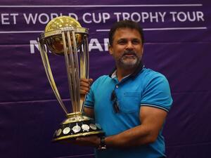 Pakistani cricketer Moin Khan holds the 2019 ICC Cricket World Cup trophy during a country tour event in Karachi on October 7, 2018. The 2019 Cricket World Cup is the scheduled to be hosted by England and Wales from 30 May to 14 July 2019.
RIZWAN TABASSUM / AFP