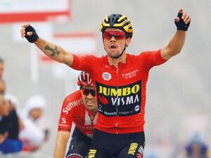 Primoz Roglic of Team Jumbo — Visma celebrates as he crosses the finish line at the top of Jebel Jais at the end of Stage 6 between Ajman and Jebel Jais. (Photo: Floyd Gonsalves/Gulf News)