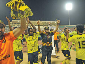 Suwaiq players celebrate the title victory at the SQSC on Thursday (Photo: Rodolfo Alfonso/Muscat Daily)