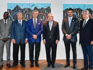 Yiech Pur Biel (left) with Qatar Olympic Committee president HE Sheikh Joaan bin Hamad al-Thani (second right) and other dignitaries at the inaugural board meeting of the Olympic Refuge Foundation in Lausanne, Switzerland.