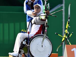 Iran's Zahra Nemati shoots an arrow during the Rio 2016 Olympic Games women's competition at the Sambodromo archery venue in Rio de Janeiro, Brazil, on August 9, 2016.
Jewel SAMAD / AFP