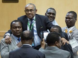 Ahmad Ahmad (2ndL) of Madagascar reacts after being elected the new president of the Confederation of African Football (CAF) in Addis Ababa on 16 March 2017, ousting veteran leader Issa Hayatou after 29 years in office.
Zacharias Abubker / AFP