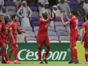 Al-Duhail's players celebrate during the AFC Champions League match Al-Ain (UAE) vs Al-Duhail (Qatar) at Hazza Bin Zayed Stadium, on May 8, 2018 in the United Arab Emirate of al-Ain.
KARIM SAHIB / AFP