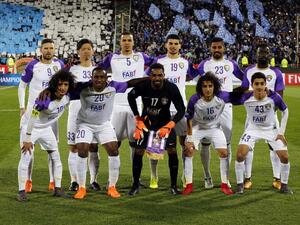 Al-Ain's starting eleven pose for a group picture ahead of the AFC Asian Champions League group D football match on March 12, 2018, at the Azadi Stadium in Tehran.
ATTA KENARE / AFP