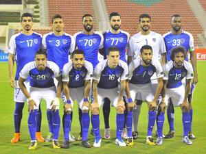 Al-Hilal's starting eleven pose for a group shot ahead of the Asian Champions League semi-final football match between Persepolis and Al-Hilal at the Sultan Qaboos Sports Complex in Muscat on October 17, 2017.
STRINGER / AFP