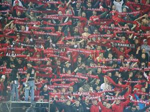 Albanian fans cheer during the World Cup 2018 qualifier football match Albania vs Spain in Loro Borici stadium in the city of Shkoder on October 9, 2016.
GENT SHKULLAKU / AFP