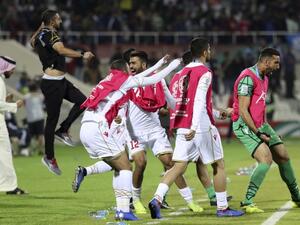 Bahrain's players celebrate after winning the 2019 AFC Asian Cup group A football match between India and Bahrain at the Sharjah Stadium in Sharjah on January 14, 2019.
Karim Sahib / AFP