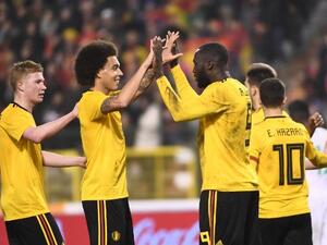 Belgium's forward Romelu Lukaku (3rdR) celebrates with Belgium's midfielder Axel Witsel (2ndL) and Belgium's midfielder Kevin De Bruyne (L) after scoring his second goal during a friendly international match between Belgium and Saudi Arabia at the King Baudouin stadium in Brussels on March 27, 2018.
Emmanuel DUNAND / AFP