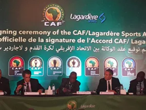 Official signing ceremony of the CAF/Lagardére sports agreement featuring CAF President Issa Hayatou (Photo: @CAF_Online)