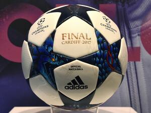 The match ball for the football Champions League final 2017 in Cardiff produced by the German sportswear maker Adidas is on display in the company headquarters in Herzogenaurach, southern Germany, during the annual press conference on March 8, 2017.
Christof STACHE / AFP