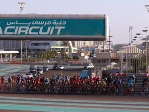 Cyclists ride their bikes during the Abu Dhabi tour from the Yas Marina Circuit to Yas Mall where the tour finishes in the Emirati capital Abu Dhabi, on October 11, 2015. AFP PHOTO / STR
STR / AFP