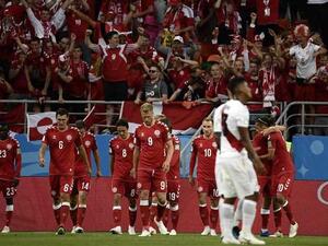 لاعبو الدنمارك يحتفلون بهدف اللقاء الوحيد
