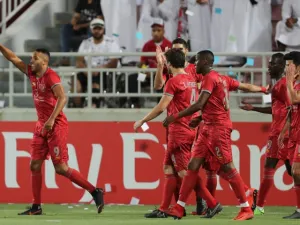 Al-Duhail's players celebrate a goal during the AFC Champions League football match Al-Ain vs Al-Duhail at the Abudullah bin Khalifa Stadium in Doha on May 15, 2018.
KARIM JAAFAR / AFP