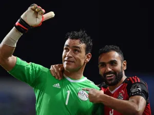 Egypt's goalkeeper Essam El-Hadary (L) and Egypt's midfielder Ahmed Elmohamady celebrate at the end of the penalty shootout of the 2017 Africa Cup of Nations semi-final football match between Burkina Faso and Egypt at the Stade de l'Amitie Sino-Gabonaise in Libreville on Feb 1, 2017.
GABRIEL BOUYS / AFP