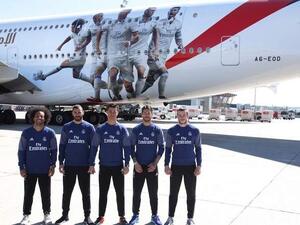 (L-R) Real Madrid players Marcelo, Karim Benzema, Cristiano Ronaldo, Sergio Ramos and Gareth Bale in front of the new Real Madrid Emirates A380 decal
(Photo: Khaleej Times)