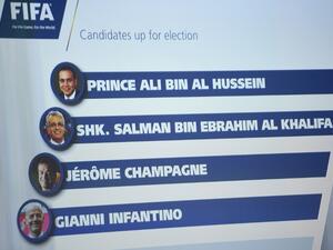 A monitor displays the names of the FIFA presidential candidates (from top) Prince Ali bin al-Hussein, Sheikh Salman bin Ebrahim al-Khalifa, Jerome Champagne and Gianni Infantino after Tokyo Sexwale withdrew his candidacy during the extraordinary FIFA Congress in Zurich on February 26, 2016. AFP PHOTO / OLIVIER MORIN
OLIVIER MORIN / AFP