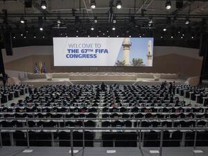 A picture taken on May 11, 2017 in the Bahraini capital Manama shows the conference hall of the 67th FIFA Congress.
JACK GUEZ / AFP