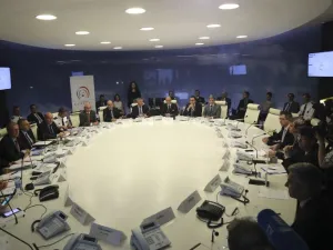 French Interior Minister Bernard Cazeneuve (C) attends a meeting during the opening of the Interministerial crisis centre opened for the entire Euro 2016 football championship in the Interior Ministry in Paris on June 10, 2016. France vowed drastic measures to prevent strikes disrupting Euro 2016 as Europe's showcase football event kicks off on Friday in a gloomy atmosphere worsened by terror fears.
Jacques DEMARTHON / AFP