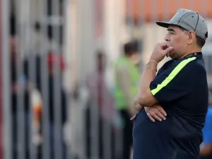 Former Argentinian footballer and Fujairah FC manager Diego Armando Maradona watches on the sidelines of a friendly match between his club and Egypt's Al-Ahly SC, at the Fujairah Football Club stadium in the Gulf emirate of the same name on March 27, 2018.
KARIM SAHIB / AFP