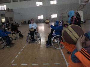 US coach Jess Markt (C-L) leads a class during a wheelchair basketball coaching session for Palestinian women in Khan Younis in the southern Gaza strip on May 28, 2016. More than 75,000 Gazans out of a population of 1.9 million are physically or visually disabled, according to the ICRC. Of those, a third were wounded by war. Paralympic teams are being slowly created, and the ICRC has provided 70 wheelchairs to eight teams this year.
SAID KHATIB / AFP