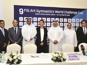 President of the Qatar Gymnastics Federation Ali al-Hitmi (third right) along with other officials at the announcement of the 9th Artistic Gymnastics World Cup Challenge Cup, which will be held at the Aspire Dome from March 24th to 26th (source: Gulf Times)

