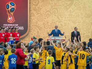 Russian President Vladimir Putin and FIFA President Gianni Infantino (L) attend the ceremony for the opening of the FIFA World Cup Trophy tour at Luzhniki stadium in Moscow on September 9, 2017.
Mladen ANTONOV / AFP
