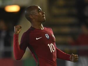 Portugal's midfielder Joao Mario celebrates after scoring a goal during the international friendly football match Portugal against Saudi Arabia at the Fontelo stadium in Viseu on November 10, 2017.
FRANCISCO LEONG / AFP