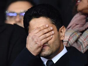 Paris Saint-Germain's Qatari president Nasser Al-Khelaifi (L) gestures during the UEFA Champions League round of 16 second leg football match between Paris Saint-Germain (PSG) and Real Madrid on March 6, 2018, at the Parc des Princes stadium in Paris.
FRANCK FIFE / AFP