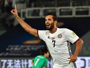 Al-Jazira's Emirati forward Ali Mabkhout celebrates after scoring a goal against Urawa Reds during their FIFA Club World Cup quarter-final match at Zayed Sports City Stadium in the Emirati capital Abu Dhabi on December 9, 2017.
GIUSEPPE CACACE / AFP