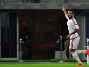 Emirates' Ali Mabkhout celebrates after scoring during their 2017 Gulf Cup of Nations football match between UAE and Oman at the Sheikh Jaber al-Ahmad Stadium in Kuwait City on December 22, 2017.
GIUSEPPE CACACE / AFP