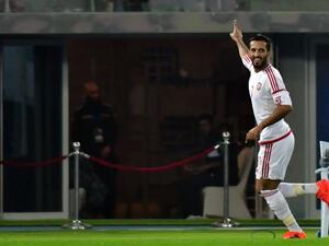 Emirates' Ali Mabkhout celebrates after scoring during their 2017 Gulf Cup of Nations football match between UAE and Oman at the Sheikh Jaber al-Ahmad Stadium in Kuwait City on December 22, 2017.
GIUSEPPE CACACE / AFP