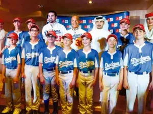Adrian Gonzalez (centre) and Dave Roberts during the official press conference to announce a new Emirates sponsorship at Emirates Group Headquarters. (Photo: Arshad Ali/Gulf News )