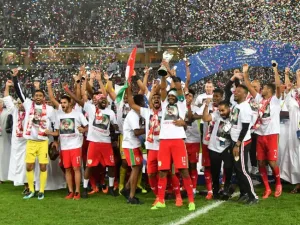 Oman's players celebrate after winning the Gulf Cup of Nations 2017 final football match between Oman and the UAE at the Sheikh Jaber al-Ahmad Stadium in Kuwait City on January 5, 2018.
GIUSEPPE CACACE / AFP