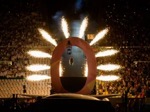 Aaron Wheelz, an extreme wheelchair athlete, goes down a MegaRamp and tears through the panel with the number zero, marking the start of the Opening Ceremony of the Rio 2016 Paralympic Games at the Maracana Stadium in, Rio de Janeiro, Brazil, on September 7, 2016. Photo by Bob Martin/OIS/IOC via AFP. RESTRICTED TO EDITORIAL USE.
Bob Martin for OIS / OIS/IOC / AFP