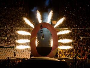 Aaron Wheelz, an extreme wheelchair athlete, goes down a MegaRamp and tears through the panel with the number zero, marking the start of the Opening Ceremony of the Rio 2016 Paralympic Games at the Maracana Stadium in, Rio de Janeiro, Brazil, on September 7, 2016. Photo by Bob Martin/OIS/IOC via AFP. RESTRICTED TO EDITORIAL USE.
Bob Martin for OIS / OIS/IOC / AFP