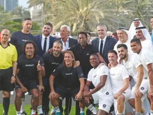 Pele with Ricardo Guadalupe, CEO, Hublot; Abdul Hamied Seddiqui, vice-chairman, Seddiqi Holding; and footballers Dida, Robbie Keane, Serginho, Marcel Desailly, Marcello Lippi, Marco Ameila, Marco Materazzi, Gianluca Zambrotta, Chrsitian Karembeu, Majed Hassan and Michel Salgado during the Hublot Match of Friendship Football Game at the Dubai Opera Garden on Sunday
(Photo: Dhes Handumon)