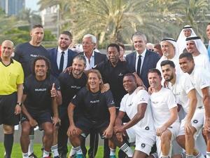 Pele with Ricardo Guadalupe, CEO, Hublot; Abdul Hamied Seddiqui, vice-chairman, Seddiqi Holding; and footballers Dida, Robbie Keane, Serginho, Marcel Desailly, Marcello Lippi, Marco Ameila, Marco Materazzi, Gianluca Zambrotta, Chrsitian Karembeu, Majed Hassan and Michel Salgado during the Hublot Match of Friendship Football Game at the Dubai Opera Garden on Sunday
(Photo: Dhes Handumon)