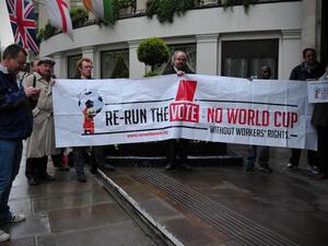 Protesters demonstrate against the perceived exploitation of workers in Qatar, the location of the 2022 World Cup, before a UEFA Congress in central London on May 24, 2013. AFP PHOTO/CARL COURT
CARL COURT / AFP