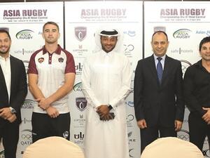 (From left) IEC general manager Joe Karrat, Qatar national rugby 15s team captain Tom Featherstone, team manager Hamad Anbar Abdulla, Copthorne Hotel general manager Kabalan Frangieh and QRF senior coordinator Samuel Rico at a press conference ahead of the tri-nation Asia Rugby Championship Division III (source: Gulf Times)