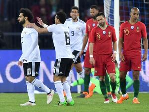 Egypt's forward Mohamed Salah (L) celebrates after scoring a goal during the international friendly football match between Portugal and Egypt at Letzigrund stadium in Zurich on March 23, 2018.
Fabrice COFFRINI / AFP