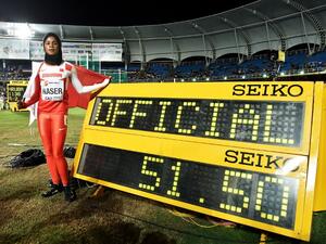Salwa Eid Naser of Bahrain celebrates winning the Girls 400 Meters Final on day three of the IAAF World Youth Championships, Cali 2015 on July 17, 2015 at the Pascual Guerrero Olympic Stadium in Cali, Colombia. Buda Mendes/Getty Images for IAAF/AFP
Buda Mendes / GETTY IMAGES NORTH AMERICA / AFP