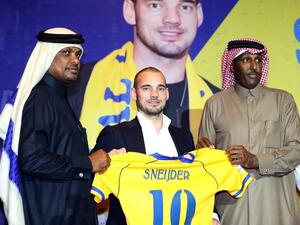 Dutch player Wesley Sneijder gives a press conference in Doha as he was officially unveiled by Al-Gharafa football team on January 8, 2018, after signing an 18-month contract with the mid-table Qatari side .
STRINGER / AFP