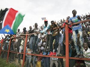 South Sudan's fans cheer after South Sudan scored a second goal during their first round African Nations Championship qualifying football match against Somalia at Juba Football Stadium on April 30, 2017.
Albert Gonzalez Farran / AFP