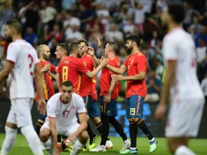 Spain's forward Iago Aspas (2nd R) celebrates with team mates after scoring a goal during the friendly football match between Spain and Tunisia at Krasnodar's stadium on June 9, 2018.
PIERRE-PHILIPPE MARCOU / AFP