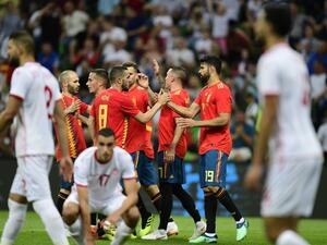 Spain's forward Iago Aspas (2nd R) celebrates with team mates after scoring a goal during the friendly football match between Spain and Tunisia at Krasnodar's stadium on June 9, 2018.
PIERRE-PHILIPPE MARCOU / AFP