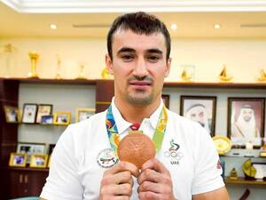 Olympic bronze medalist, Sergiu Toma,with his medal during the press conference at UAE Judo Federation in Abu Dhabi (Photo: Ahmed Kutty/Gulf News)