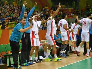 Tunisia celebrates scoring during the men's preliminaries Group A handball match Tunisia vs Qatar for the Rio 2016 Olympics Games at the Future Arena in Rio on August 11, 2016.
Ed JONES / afp