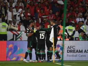 UAE's players celebrate their third goal during the 2019 AFC Asian Cup Round of 16 football match between UAE and Kyrgyzstan at the Zayed Sports City Stadium in Abu Dhabi on January 21, 2019.
Khaled DESOUKI / AFP