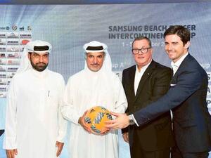 Saeed Hareb (second left) and Joan Cusco (second right) are joined by Ali Omar (extreme left) and Alex Soriano at the official draw ceremony for the Intercontinental Cup Dubai. (Photo: Dubai Sports Council)